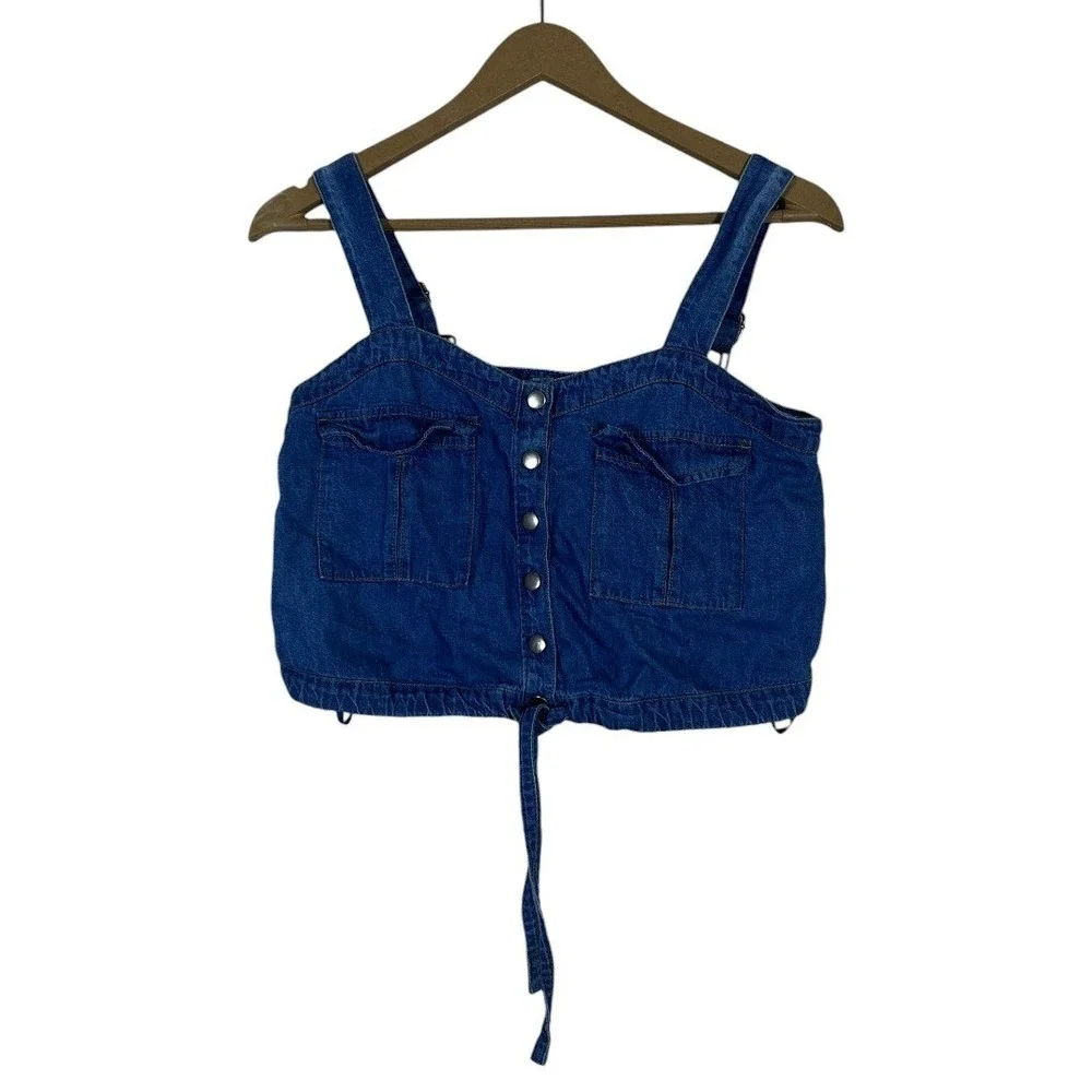 We The Free Denim Solid Camisole Blue Boho Snap Front Crop Top Size XS